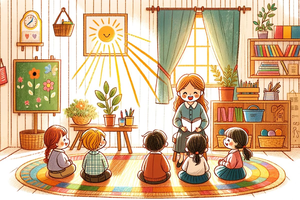 A smiling montessori teacher is depicted sitting on a small chair, with three attentive children sitting on the floor around her, listening carefully
