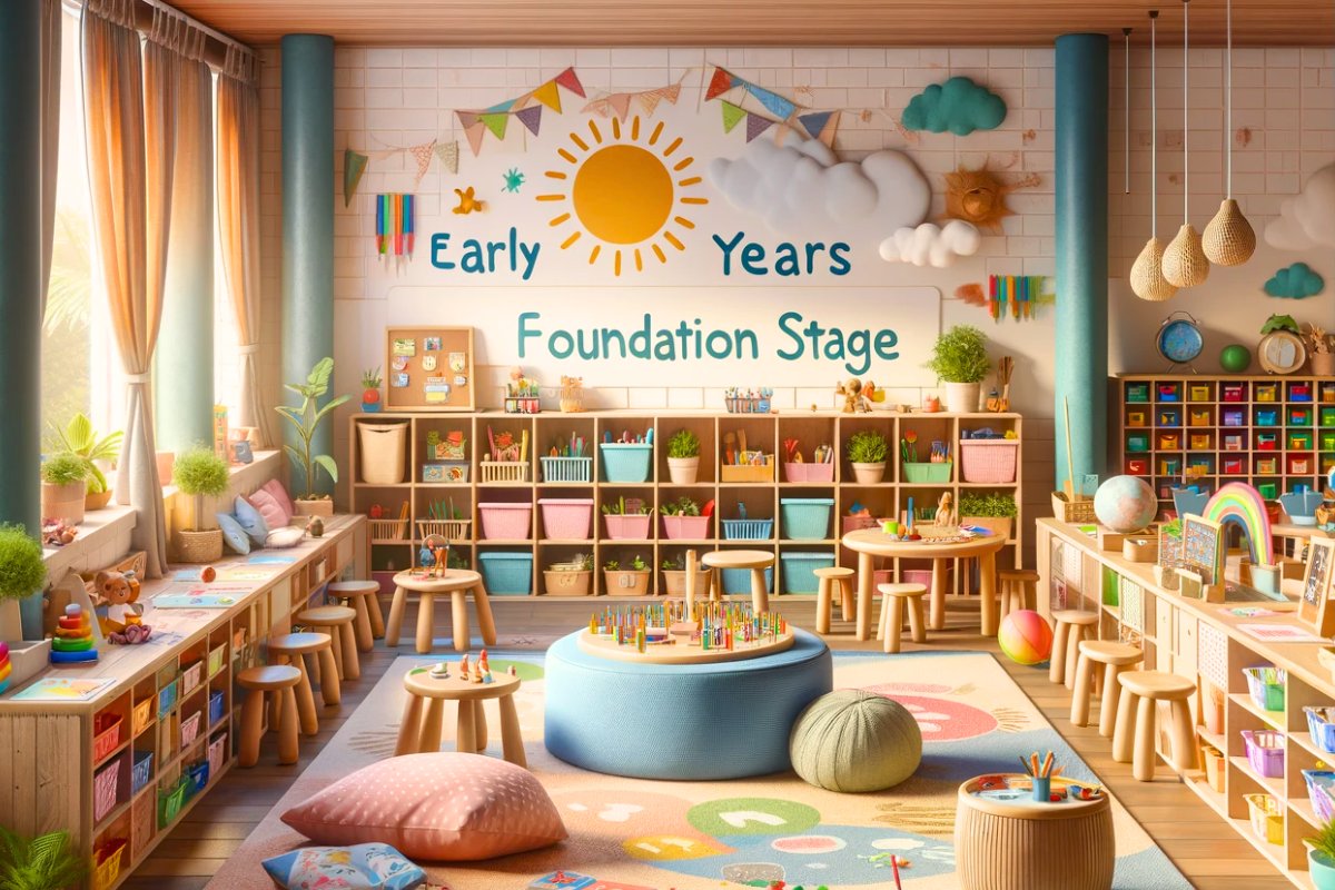 colorful classroom filled with educational materials and child friendly furniture. There are wooden shelves stocked with books, toys, and bins in soft pastel colors
