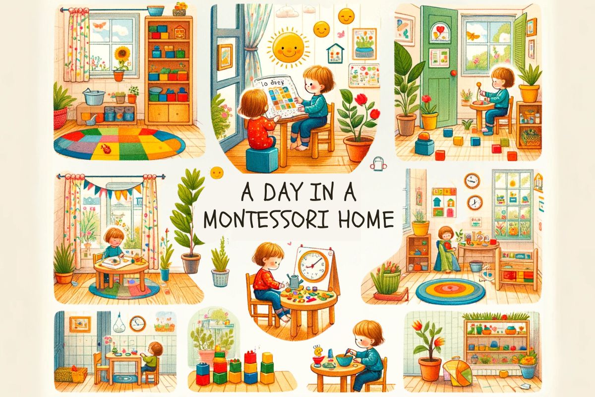 Illustrative depiction of six different activities in a Montessori home, highlighting a child-friendly, educational, and independent learning environment.